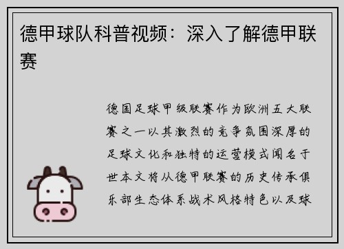 德甲球队科普视频：深入了解德甲联赛