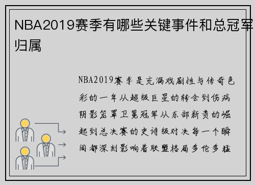 NBA2019赛季有哪些关键事件和总冠军归属